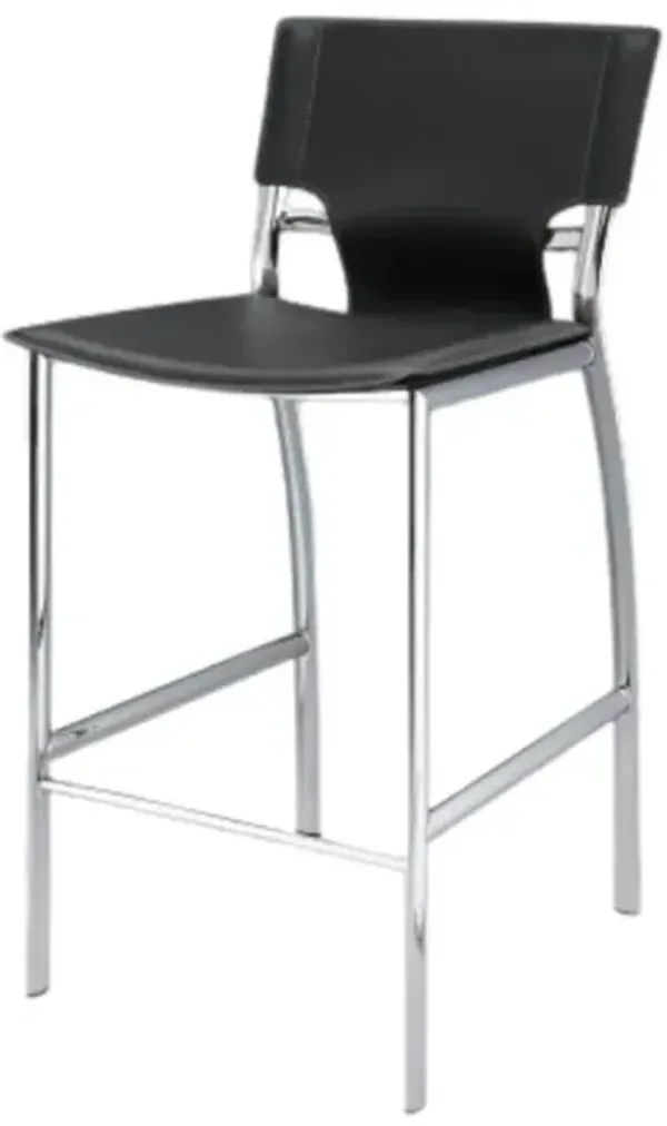 Black Leather Bar Stool, Chrome Base, 25"Seat High, Set Of 2