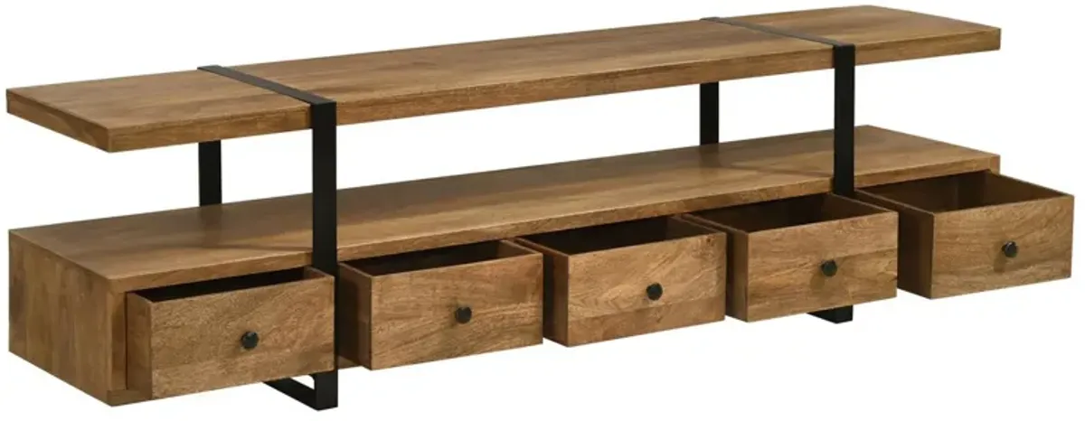 70 Inch TV Media Entertainment Console with 4 Drawers, Mango Wood, Brown - Benzara