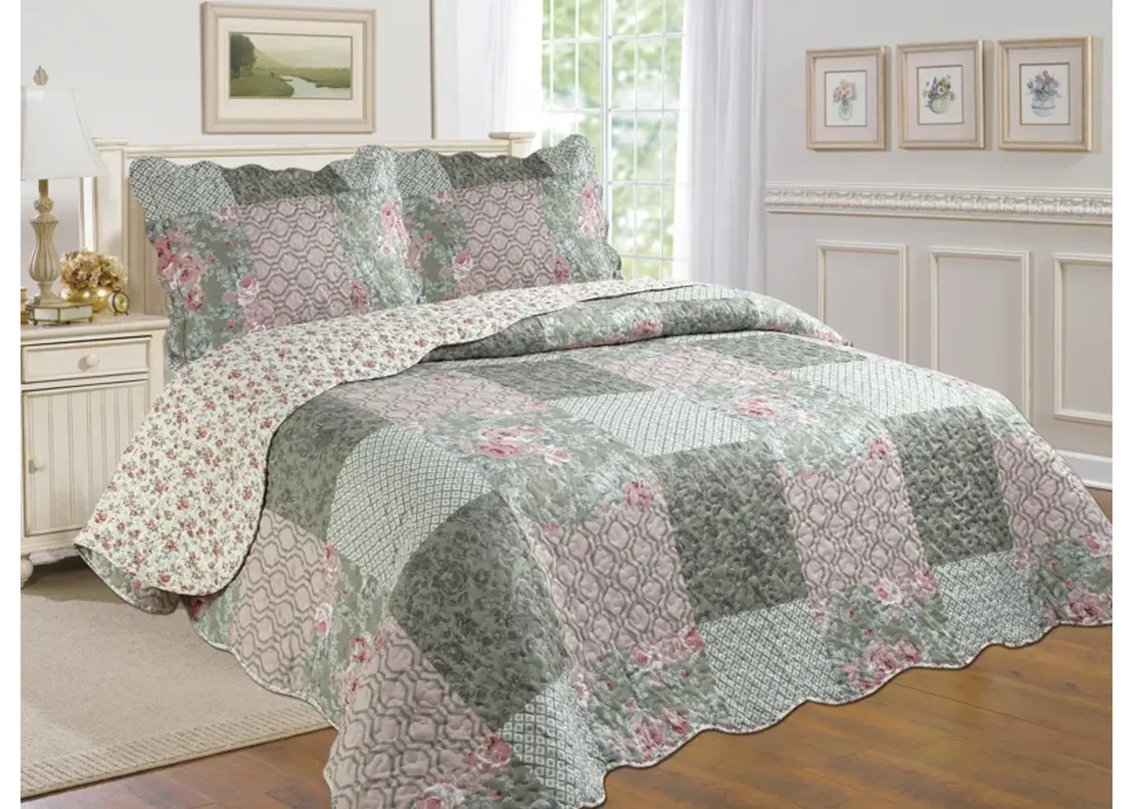 3-Piece Pink Cotton Blend Reversible Quilt Set