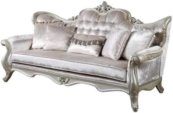 Kerra Sofa with Accent Pillows, Beige Fleur De Lis Velveteen 97 Inch - Benzara