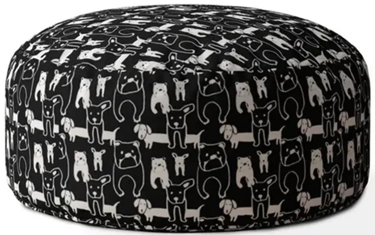 Homezia 24" Black And White Cotton Round Animal Print Pouf Ottoman