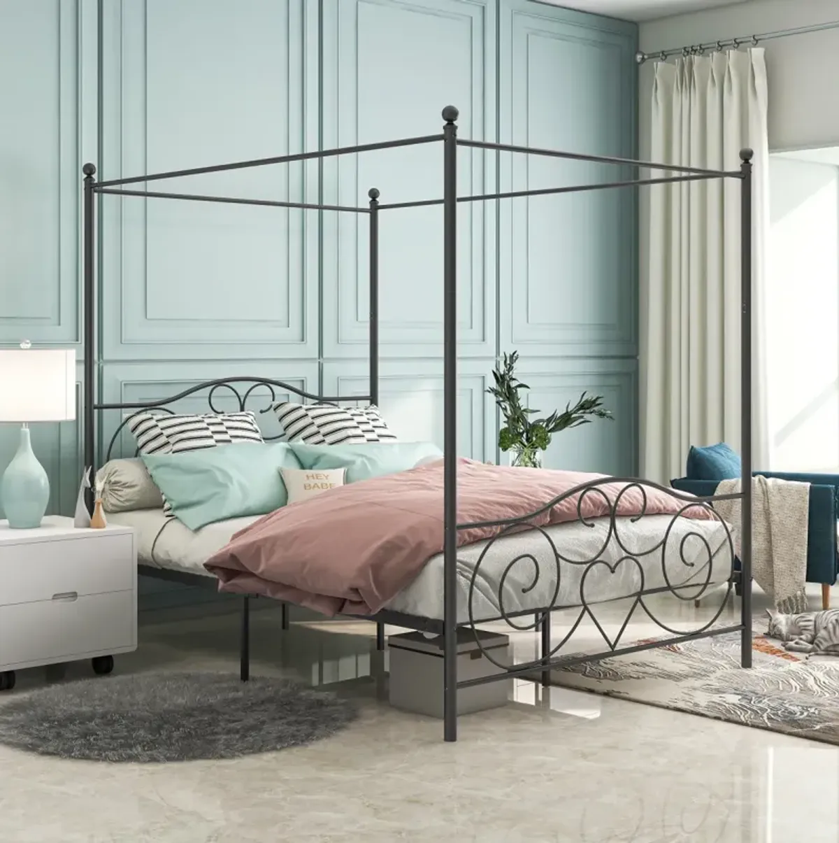 Metal Canopy Bed Frame With Vintage Style Headboard & Footboard, Easy DIY Assembly All Parts