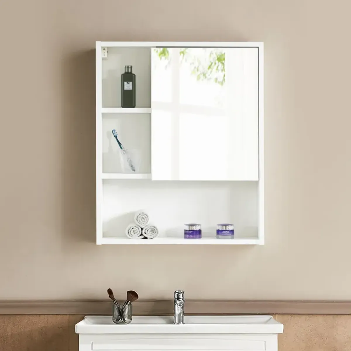 Wall Mount Bathroom Mirrored Storage Cabinet with Open Shelf | 2 Adjustable Shelves Medicine Organizer Storage Furniture for Bathrooms, Kitchens, and Laundry Room (White)