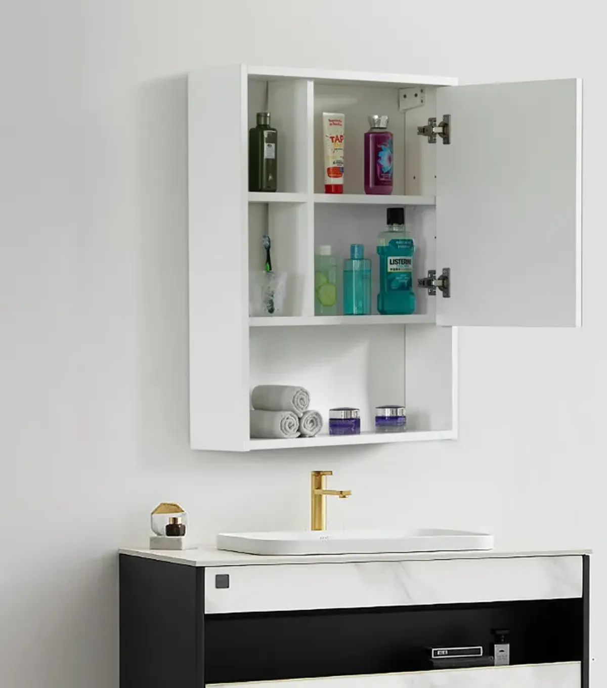 Wall Mount Bathroom Mirrored Storage Cabinet with Open Shelf | 2 Adjustable Shelves Medicine Organizer Storage Furniture for Bathrooms, Kitchens, and Laundry Room (White)