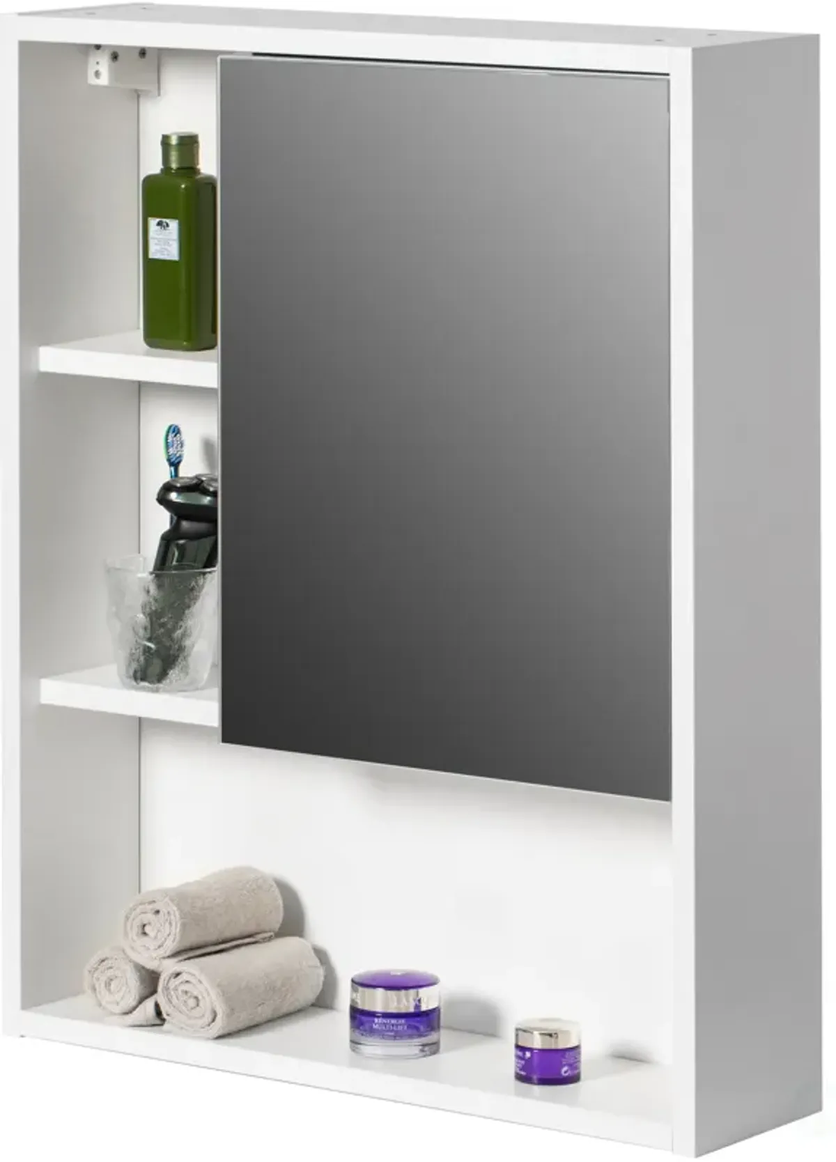 Wall Mount Bathroom Mirrored Storage Cabinet with Open Shelf | 2 Adjustable Shelves Medicine Organizer Storage Furniture for Bathrooms, Kitchens, and Laundry Room (White)