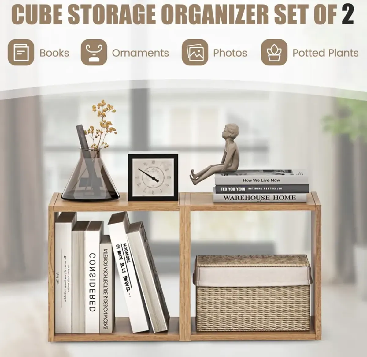 2 Cubes Stackable Bookcase for Living Room and Study-Natural