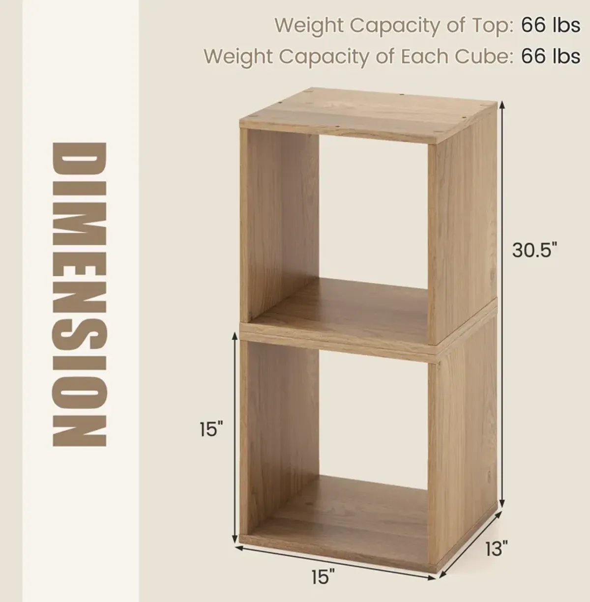 2 Cubes Stackable Bookcase for Living Room and Study-Natural