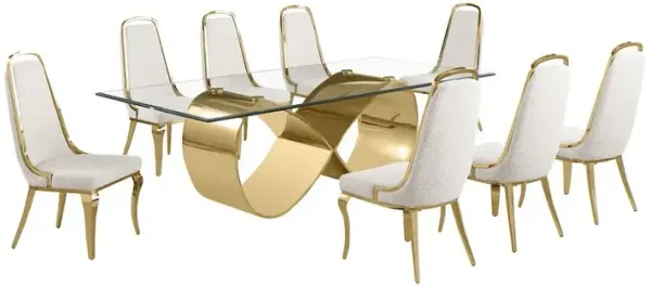 Best Quality Furniture 9Pc Tempered Glass Dining Set With 8 Cream Boucle Side Chairs And A Gold Base