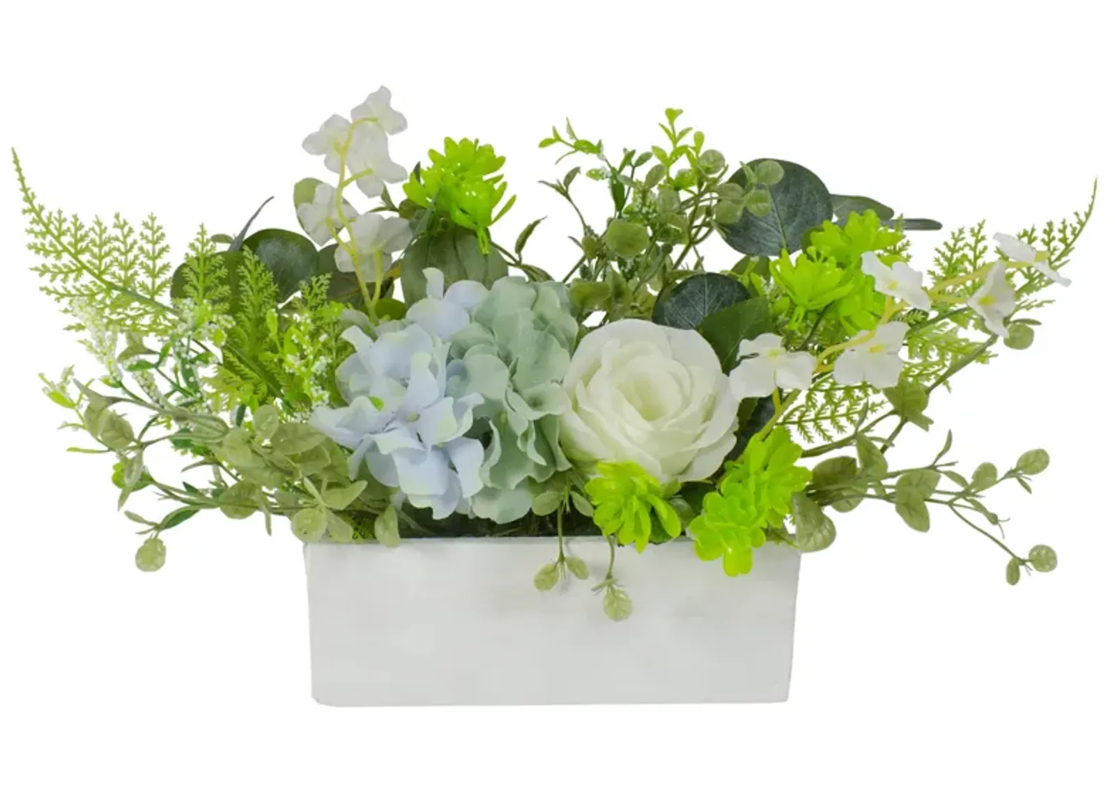 14-Inch Blue and White Hydrangea and Rose Artificial Floral Arrangement in Planter