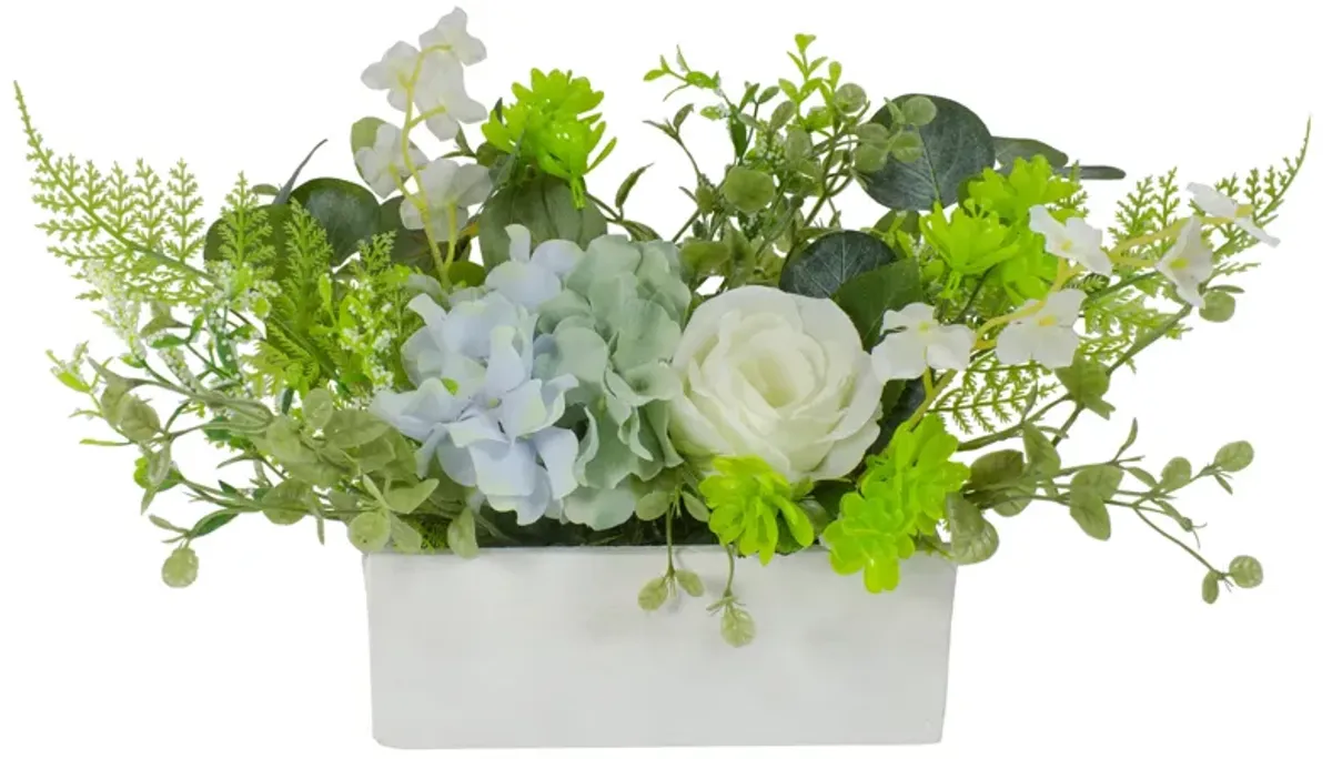 14-Inch Blue and White Hydrangea and Rose Artificial Floral Arrangement in Planter