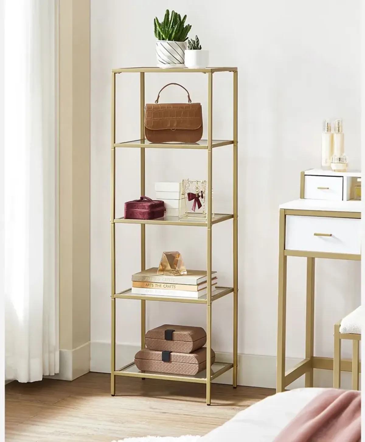 Space-Saving 5-Tier Bookshelf for Bedroom Organization