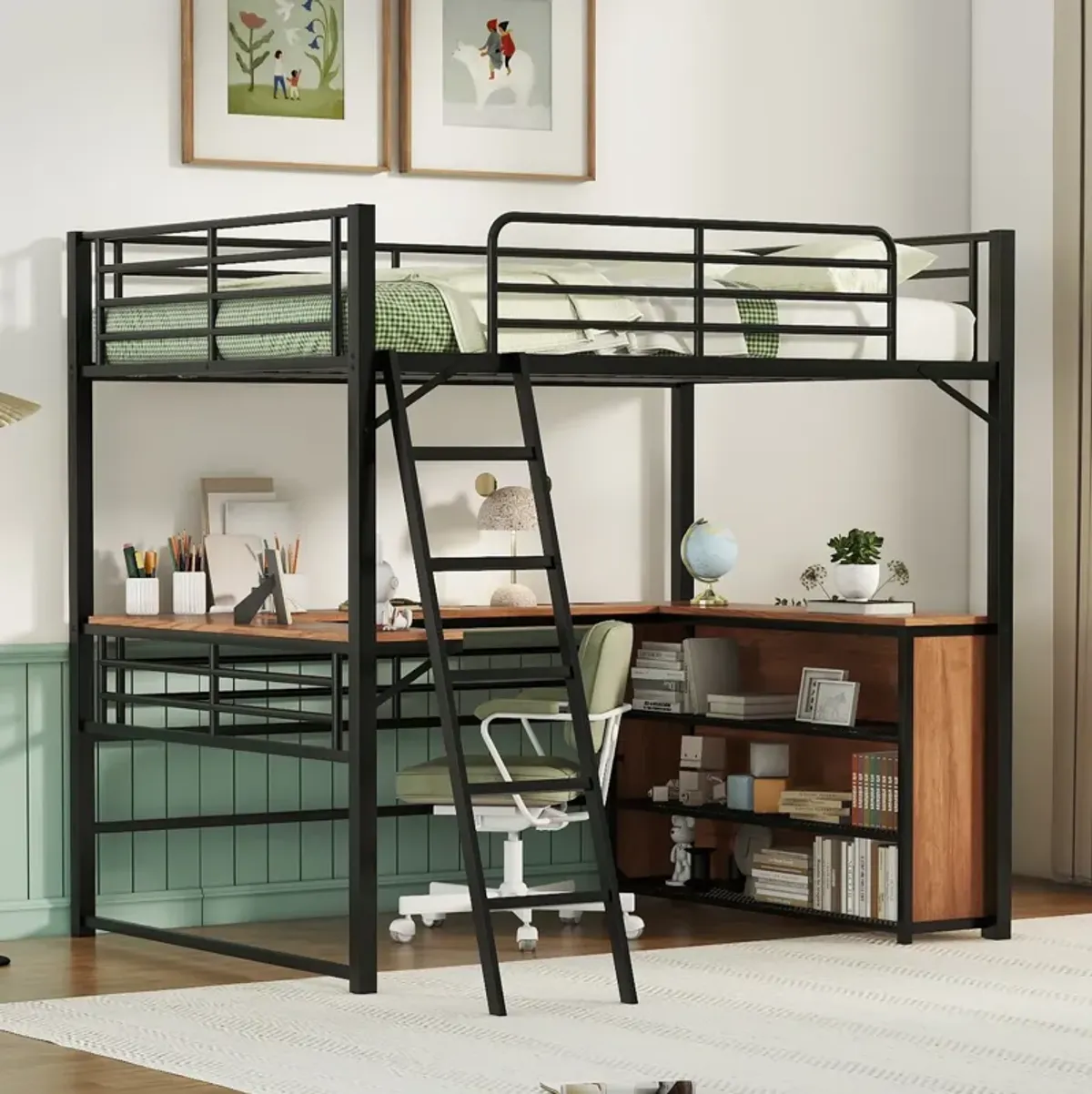 Merax Metal Loft Bed with L-shaped Desk