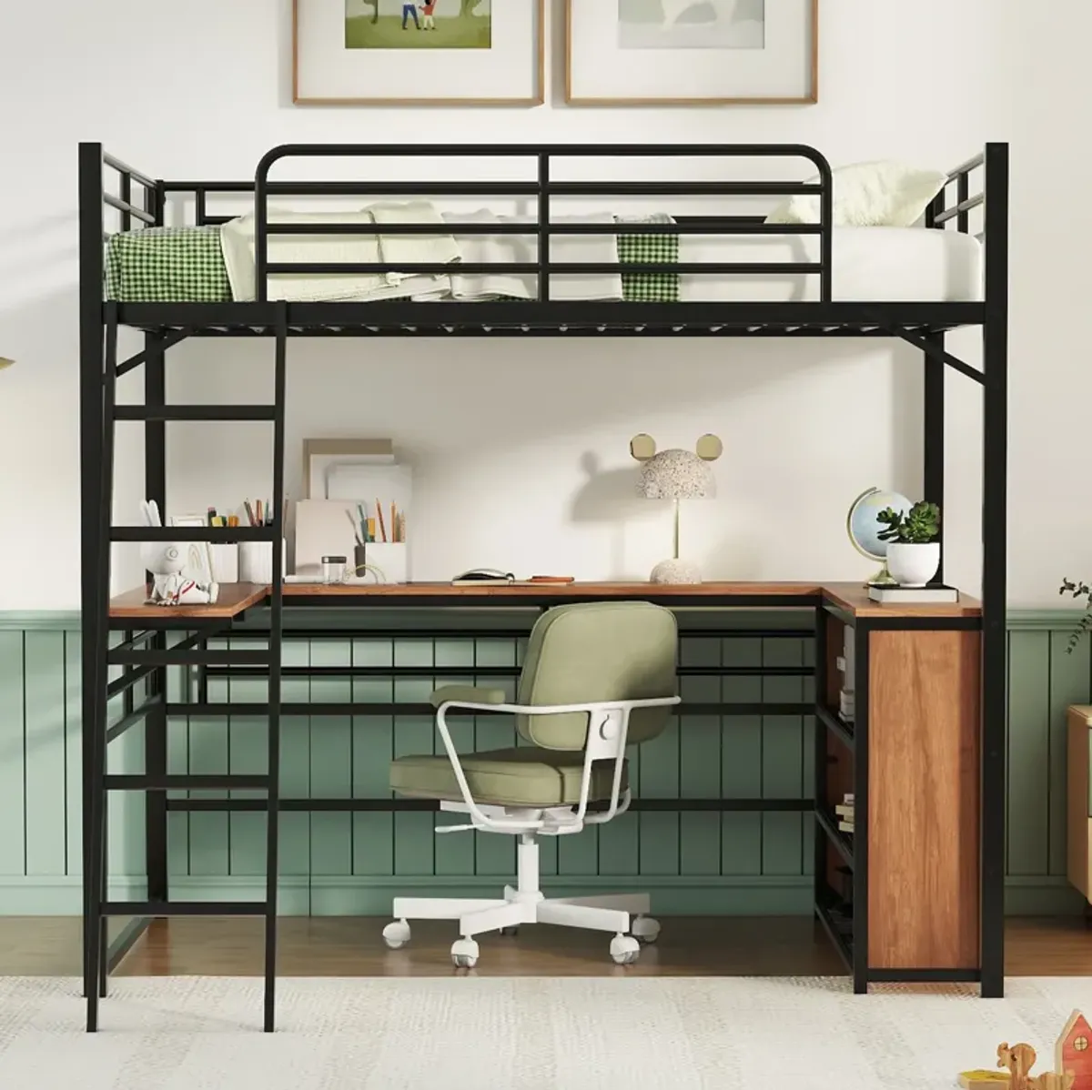 Merax Metal Loft Bed with L-shaped Desk