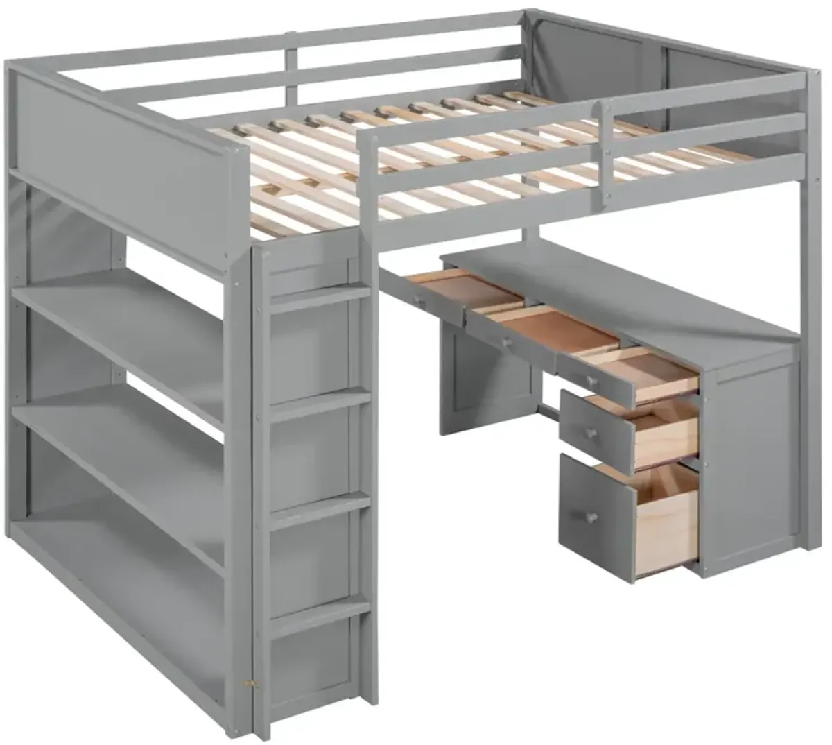 Full Size Loft Bed With Ladder, Shelves, And Desk