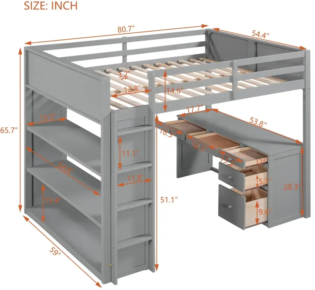 Full Size Loft Bed With Ladder, Shelves, And Desk