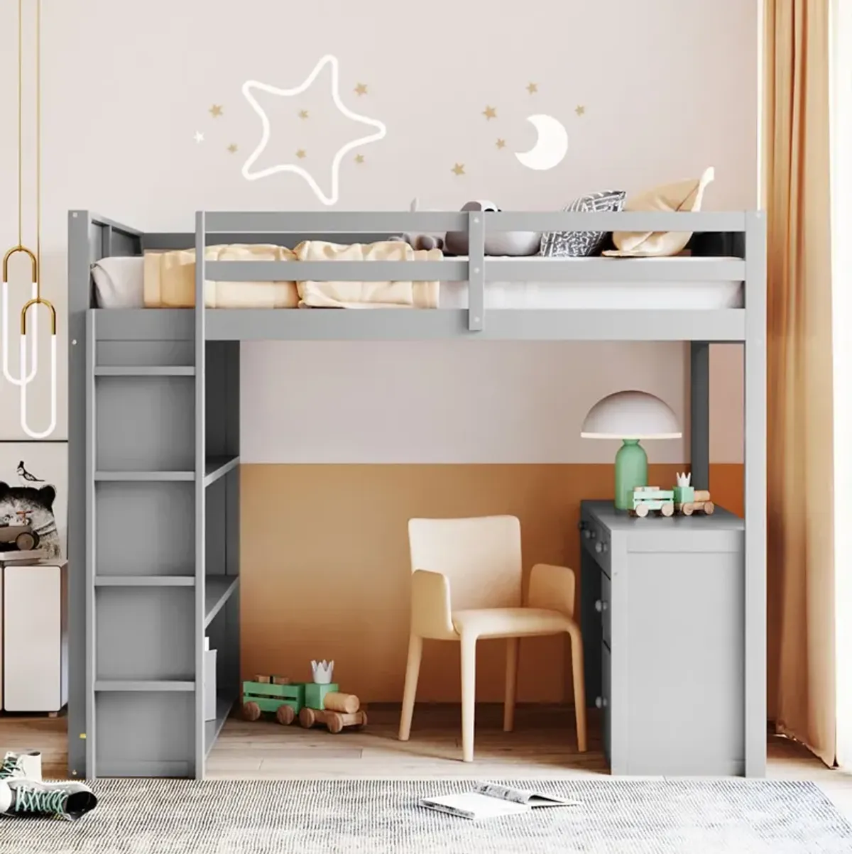 Full Size Loft Bed With Ladder, Shelves, And Desk