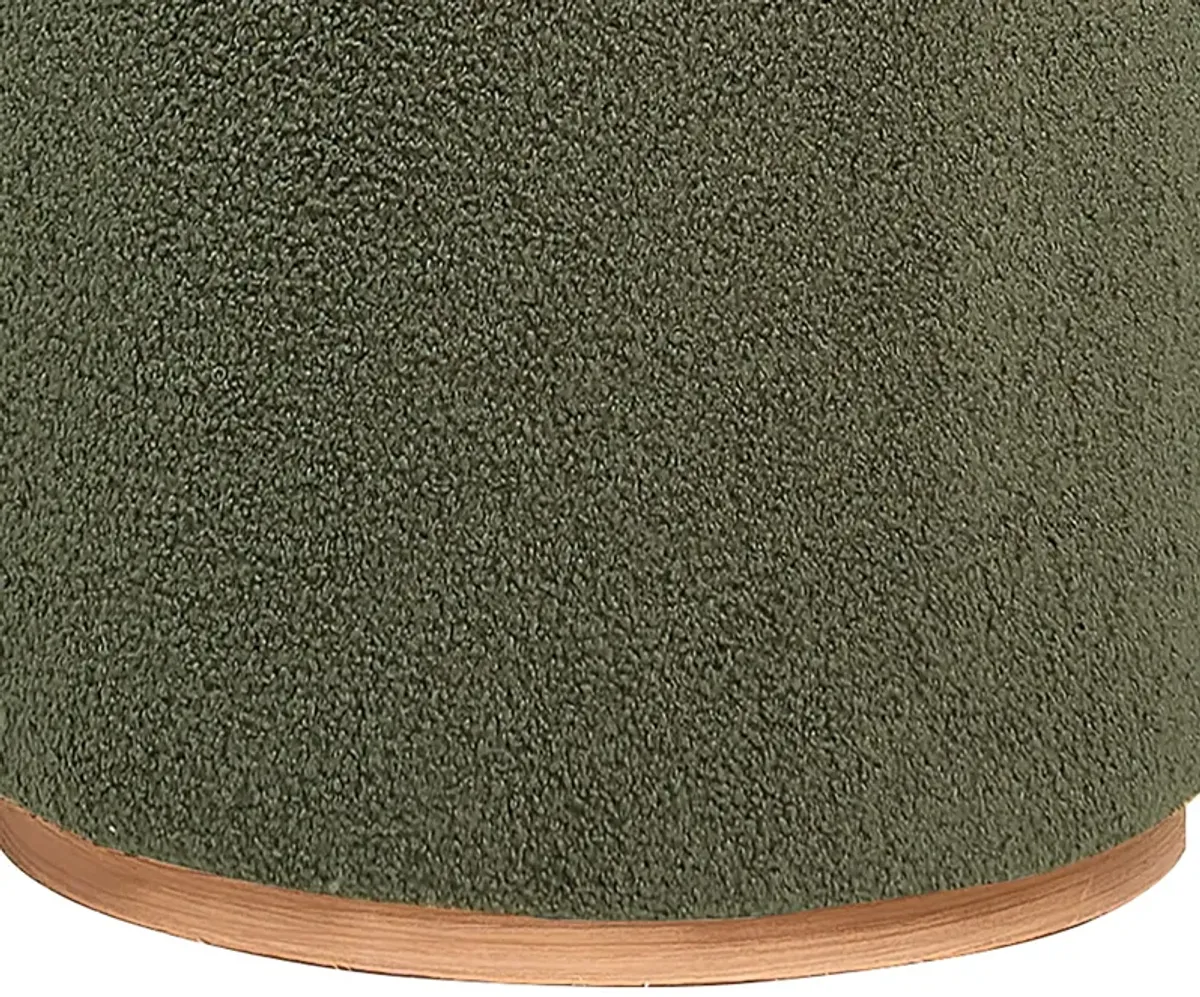 Zia 19 Inch Ottoman, Green Faux Sheepskin Upholstery, Round Platform Base - Benzara