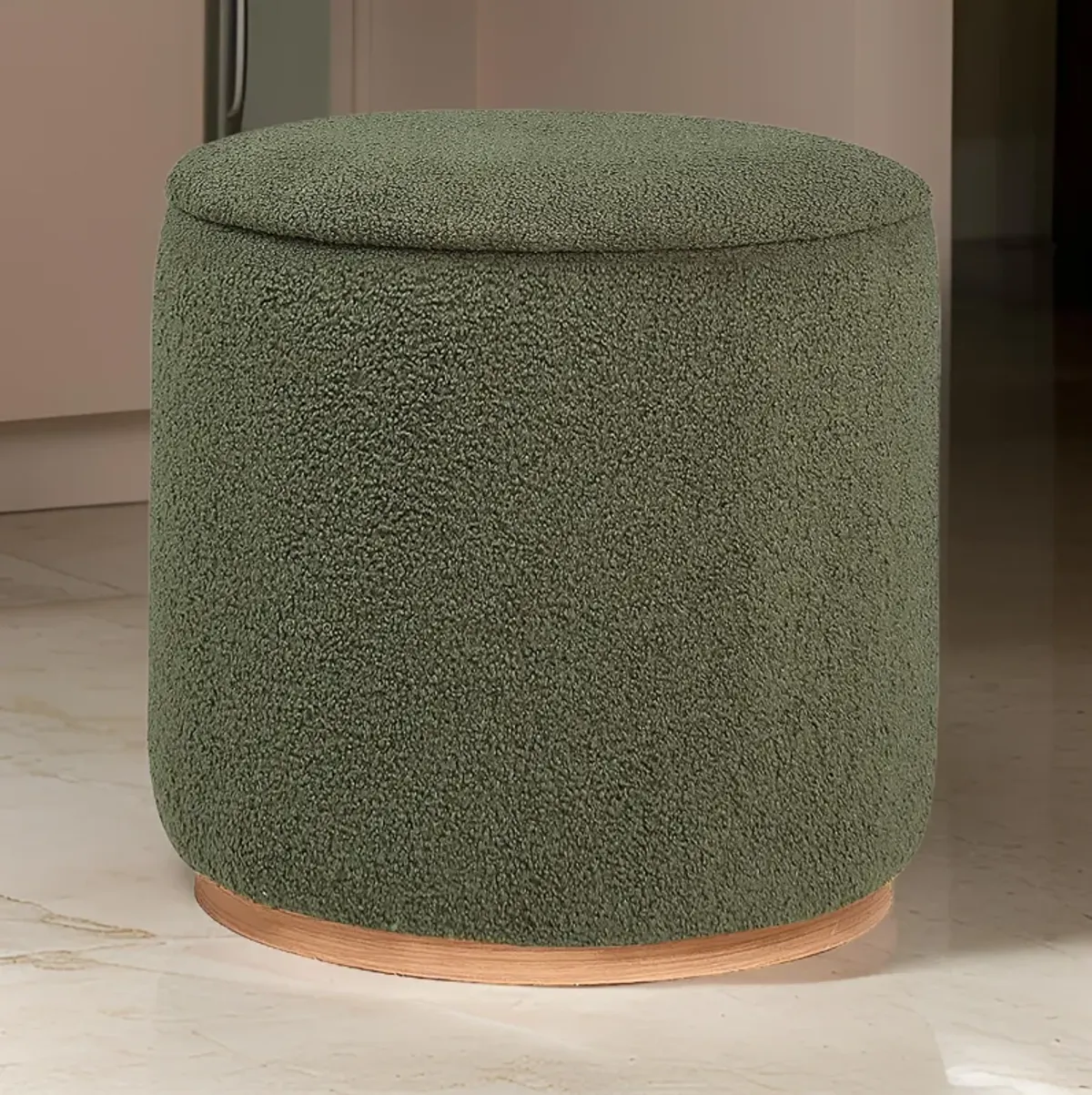 Zia 19 Inch Ottoman, Green Faux Sheepskin Upholstery, Round Platform Base - Benzara