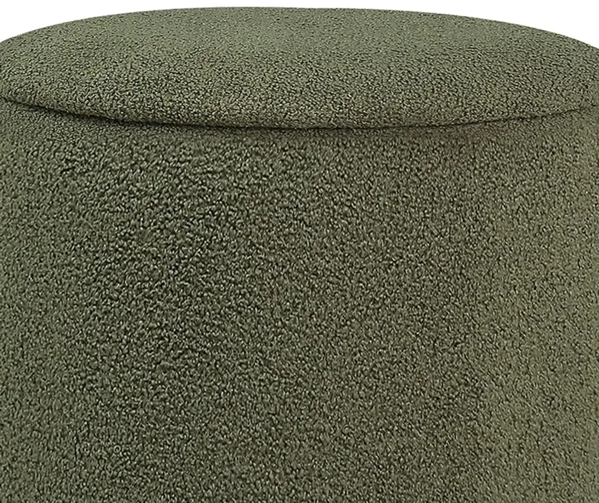 Zia 19 Inch Ottoman, Green Faux Sheepskin Upholstery, Round Platform Base - Benzara