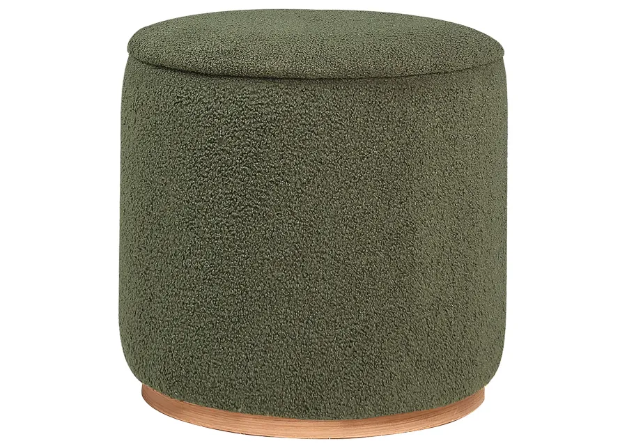 Zia 19 Inch Ottoman, Green Faux Sheepskin Upholstery, Round Platform Base - Benzara