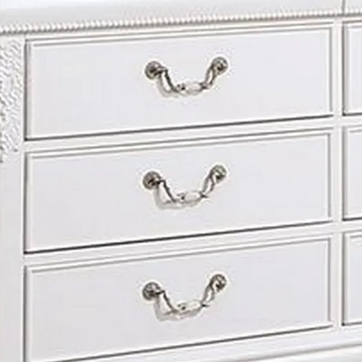 Benjara Aleci 54 Inch Wide Dresser Chest, 6 Drawers, Carved Detail, Wood, White and Nickel