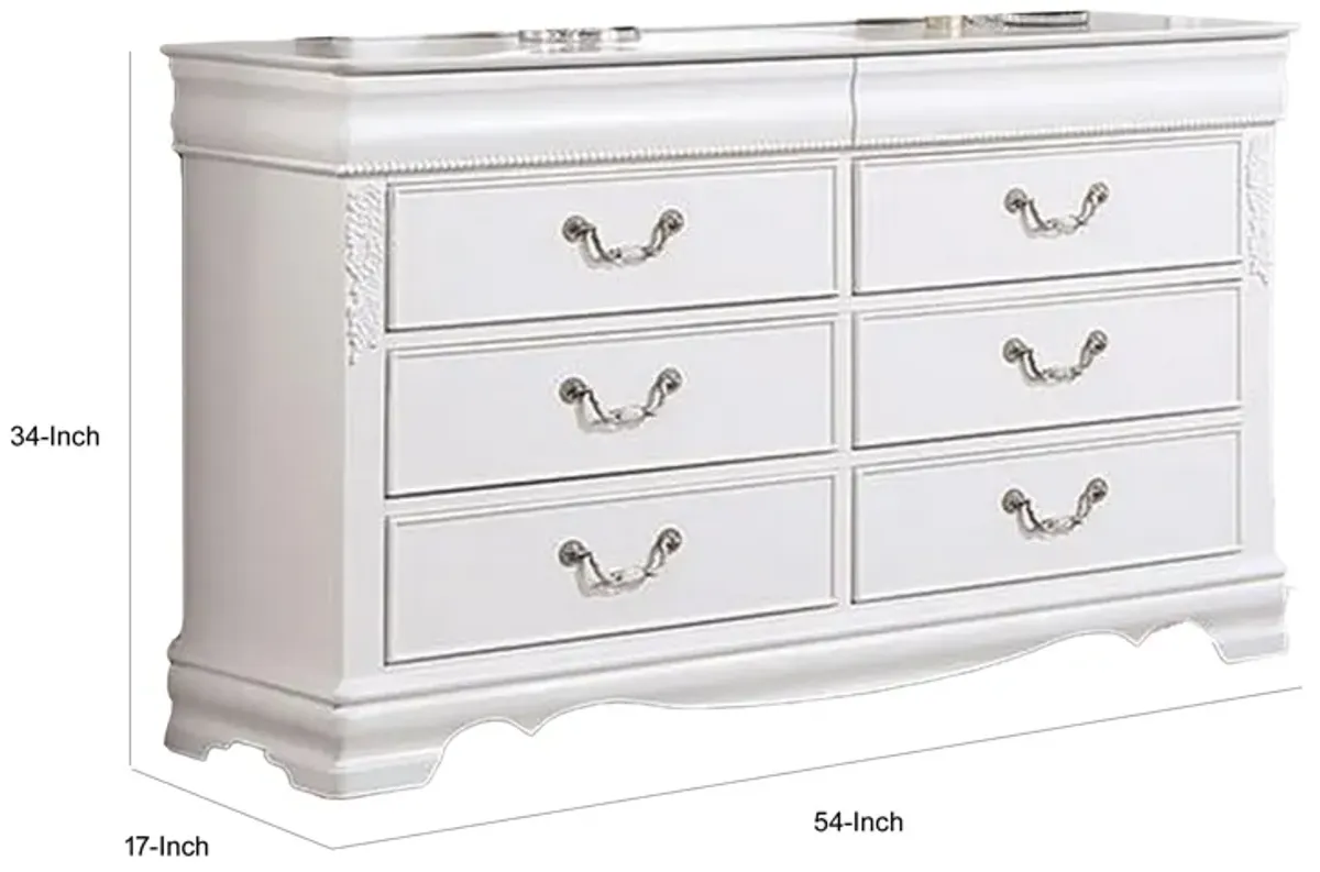 Benjara Aleci 54 Inch Wide Dresser Chest, 6 Drawers, Carved Detail, Wood, White and Nickel