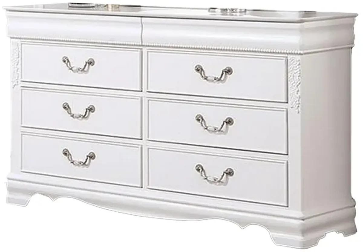 Benjara Aleci 54 Inch Wide Dresser Chest, 6 Drawers, Carved Detail, Wood, White and Nickel