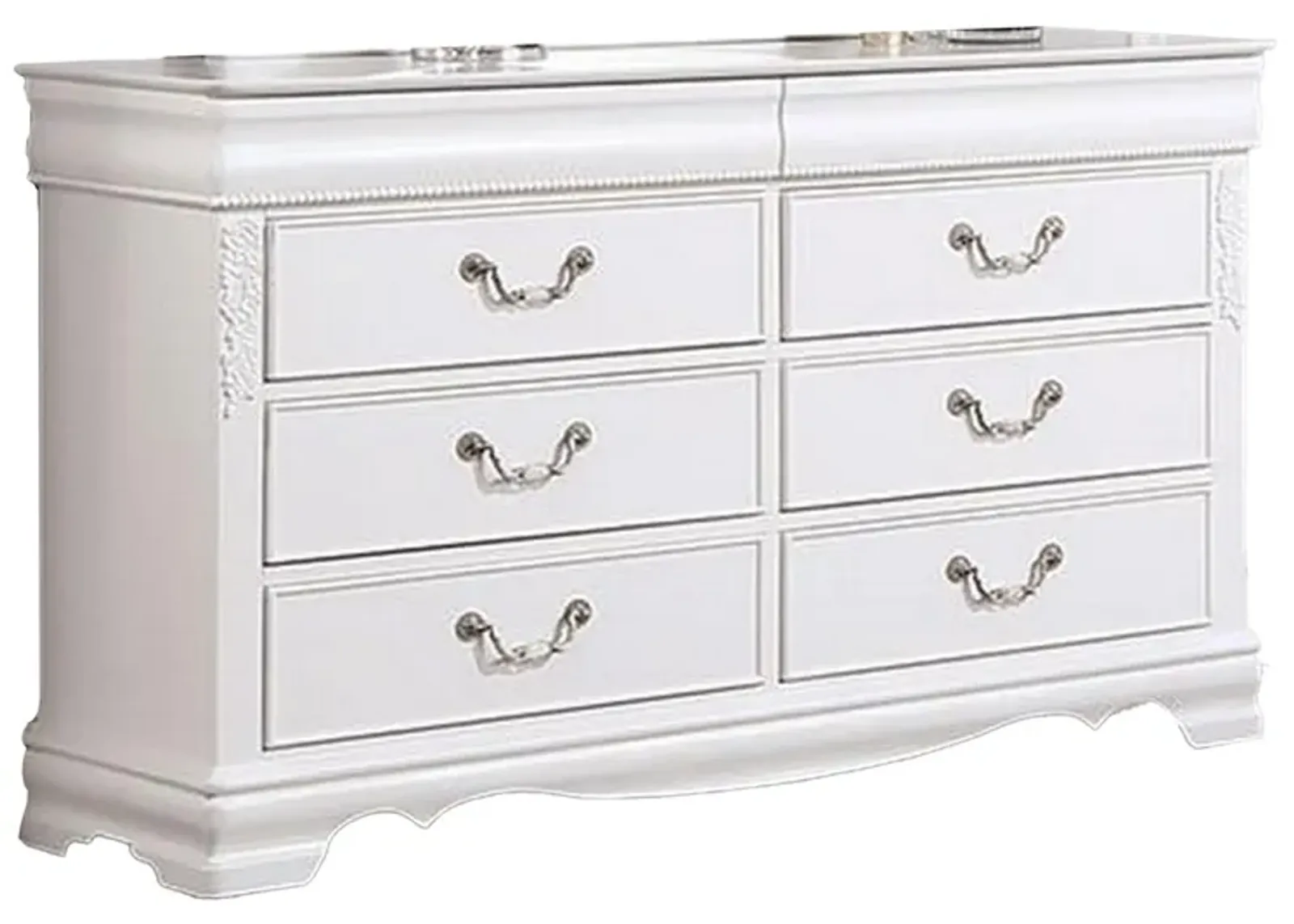 Benjara Aleci 54 Inch Wide Dresser Chest, 6 Drawers, Carved Detail, Wood, White and Nickel