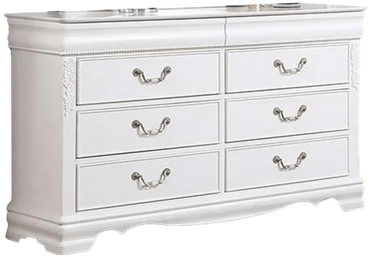 Benjara Aleci 54 Inch Wide Dresser Chest, 6 Drawers, Carved Detail, Wood, White and Nickel