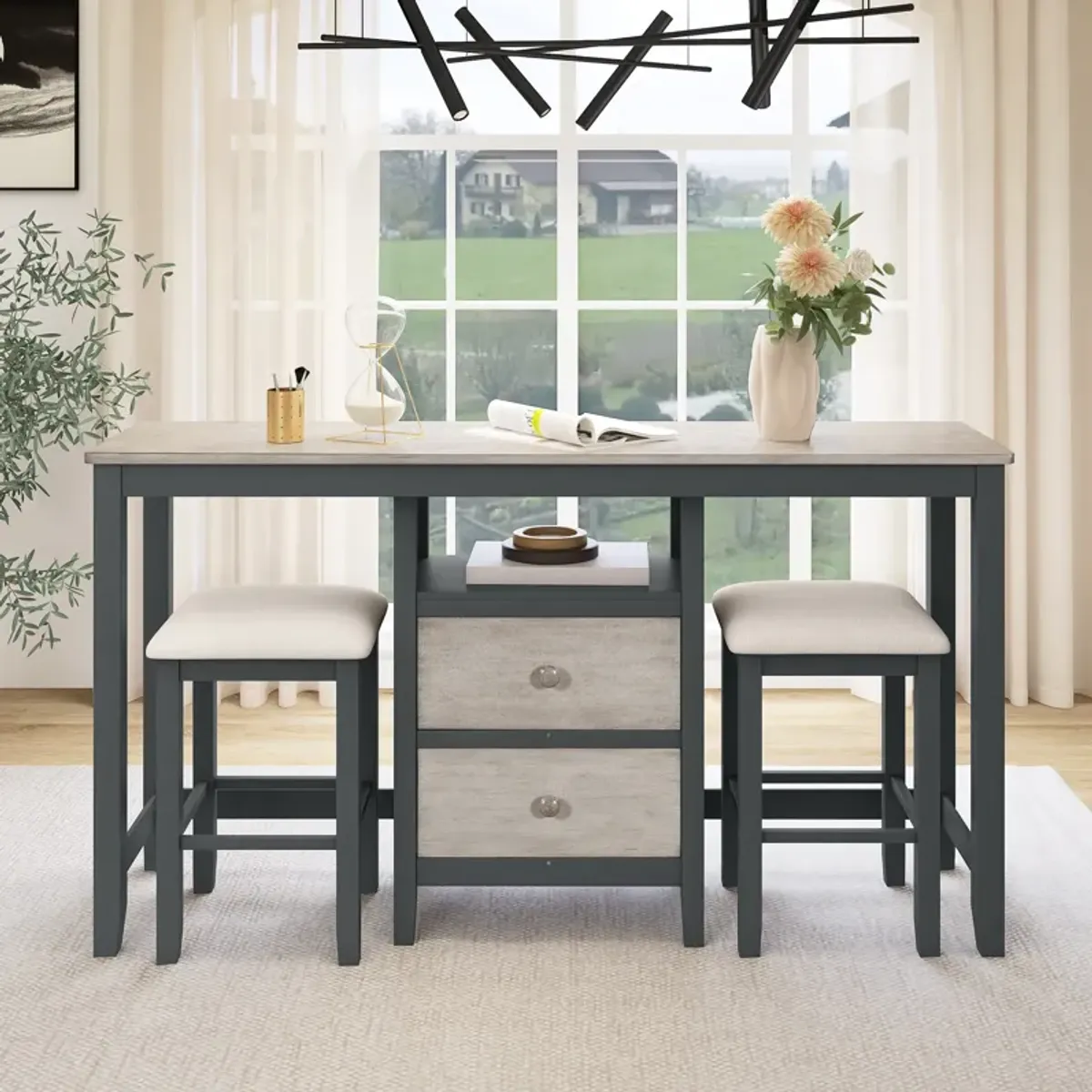 Merax Counter Height Wood Dining Table Set with Cabinet