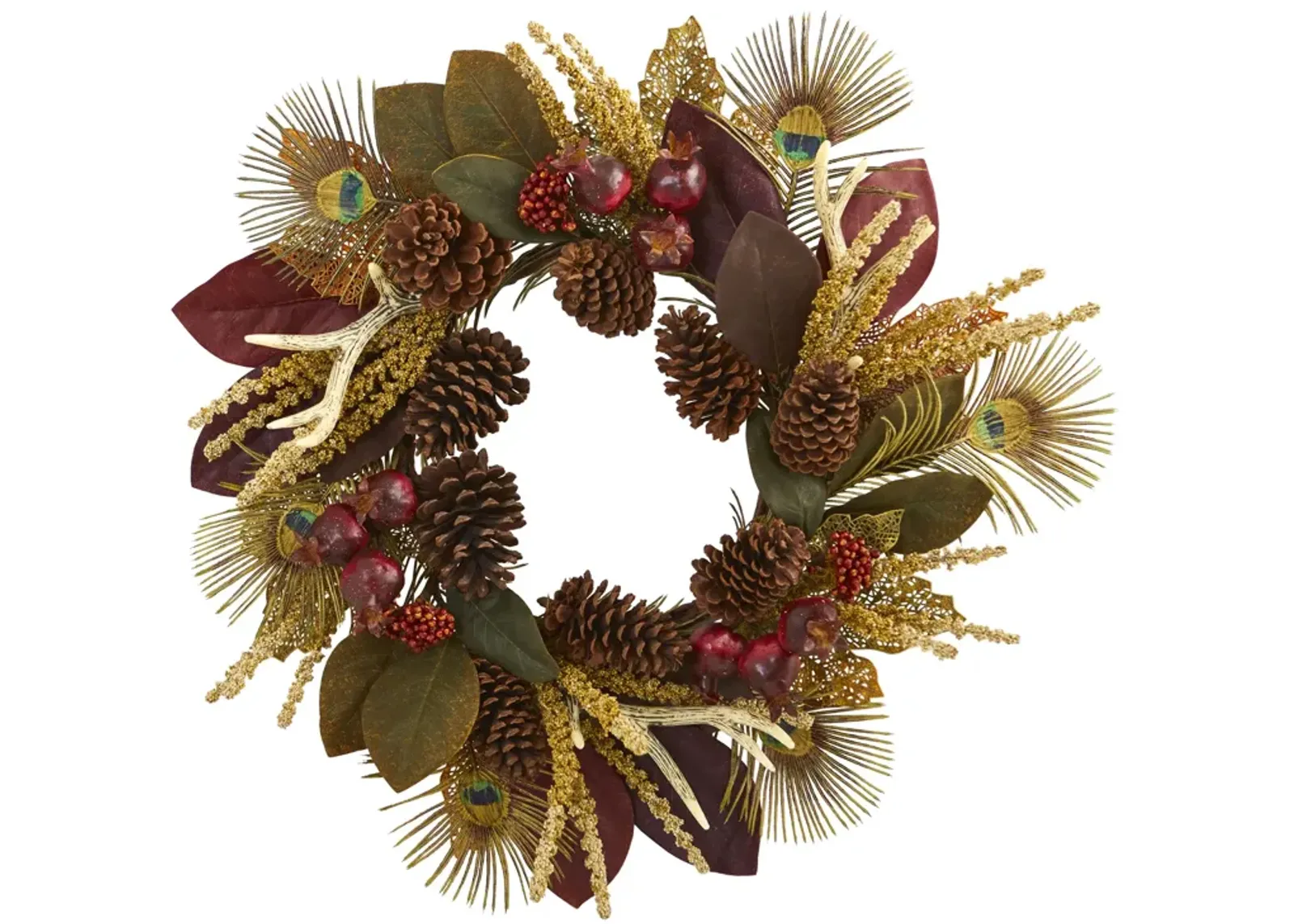 HomPlanti 27" Magnolia Leaf, Berry, Antler and Peacock Feather Artificial Wreath