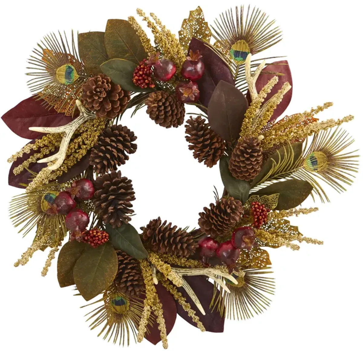 HomPlanti 27" Magnolia Leaf, Berry, Antler and Peacock Feather Artificial Wreath