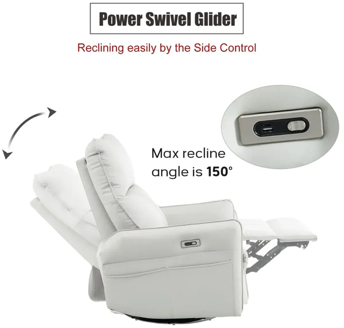 Mondawe 270° Power Swivel Rocker Recliner Chair, PU Leather Electric Glider with USB Ports