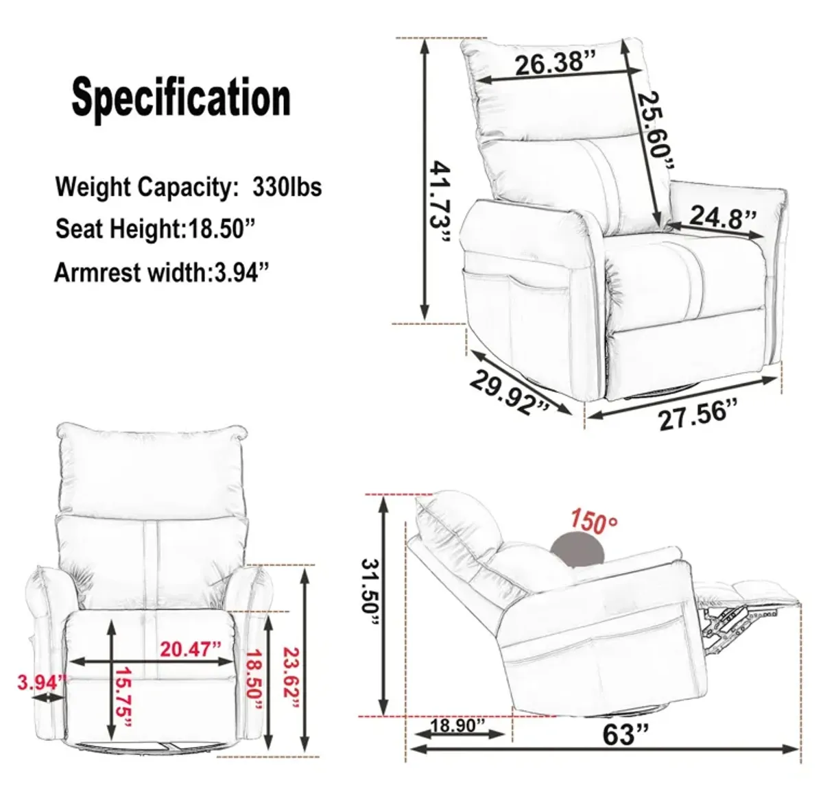 Mondawe 270° Power Swivel Rocker Recliner Chair, PU Leather Electric Glider with USB Ports