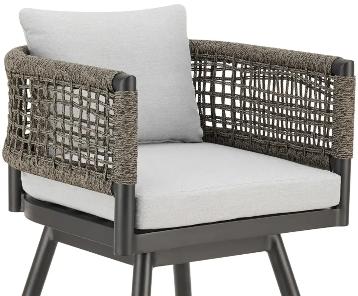 Piper 26 Inch Outdoor Swivel Counter Stool Chair, Rope Woven, Gray Cushions - Benzara