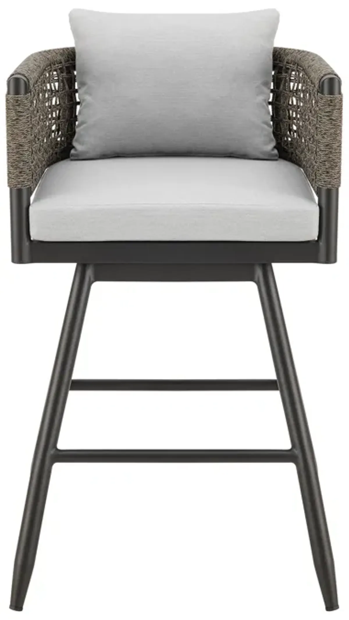 Piper 26 Inch Outdoor Swivel Counter Stool Chair, Rope Woven, Gray Cushions - Benzara