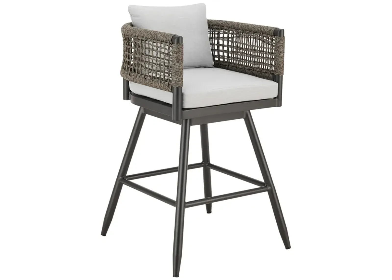 Piper 26 Inch Outdoor Swivel Counter Stool Chair, Rope Woven, Gray Cushions - Benzara