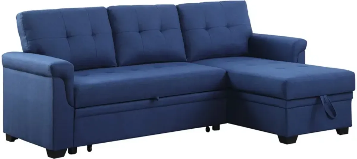 84 Inch Reversible Tufted Sectional Sleeper Sofa with Chaise Lounger, Blue - Benzara