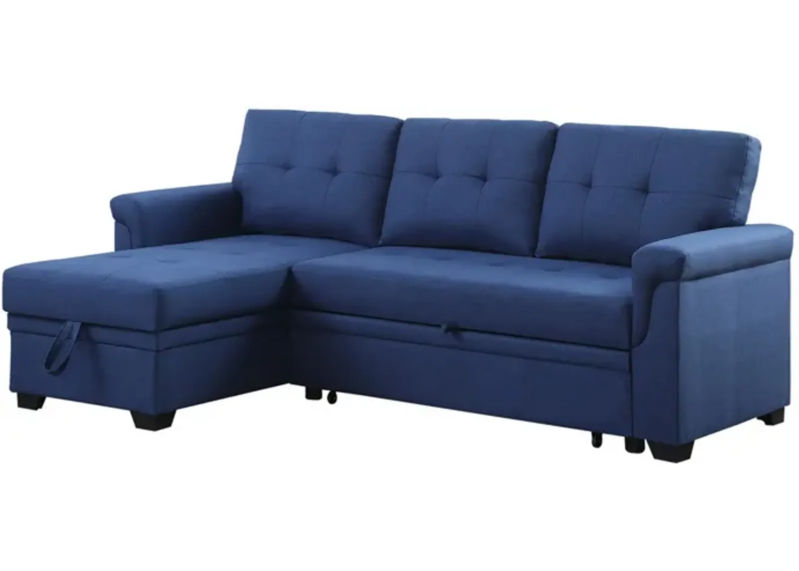 84 Inch Reversible Tufted Sectional Sleeper Sofa with Chaise Lounger, Blue - Benzara