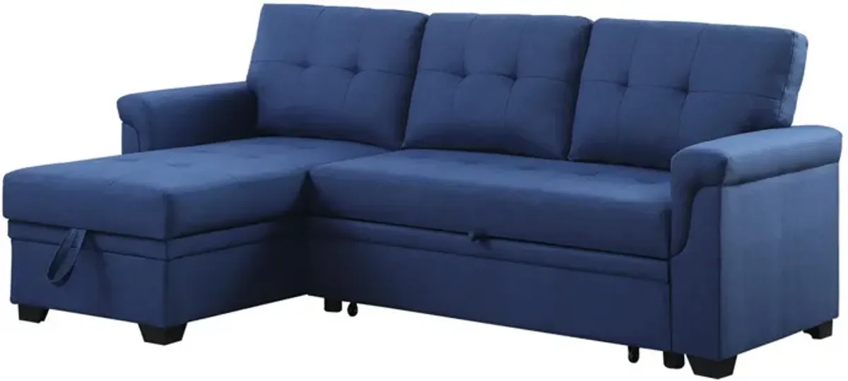 84 Inch Reversible Tufted Sectional Sleeper Sofa with Chaise Lounger, Blue - Benzara