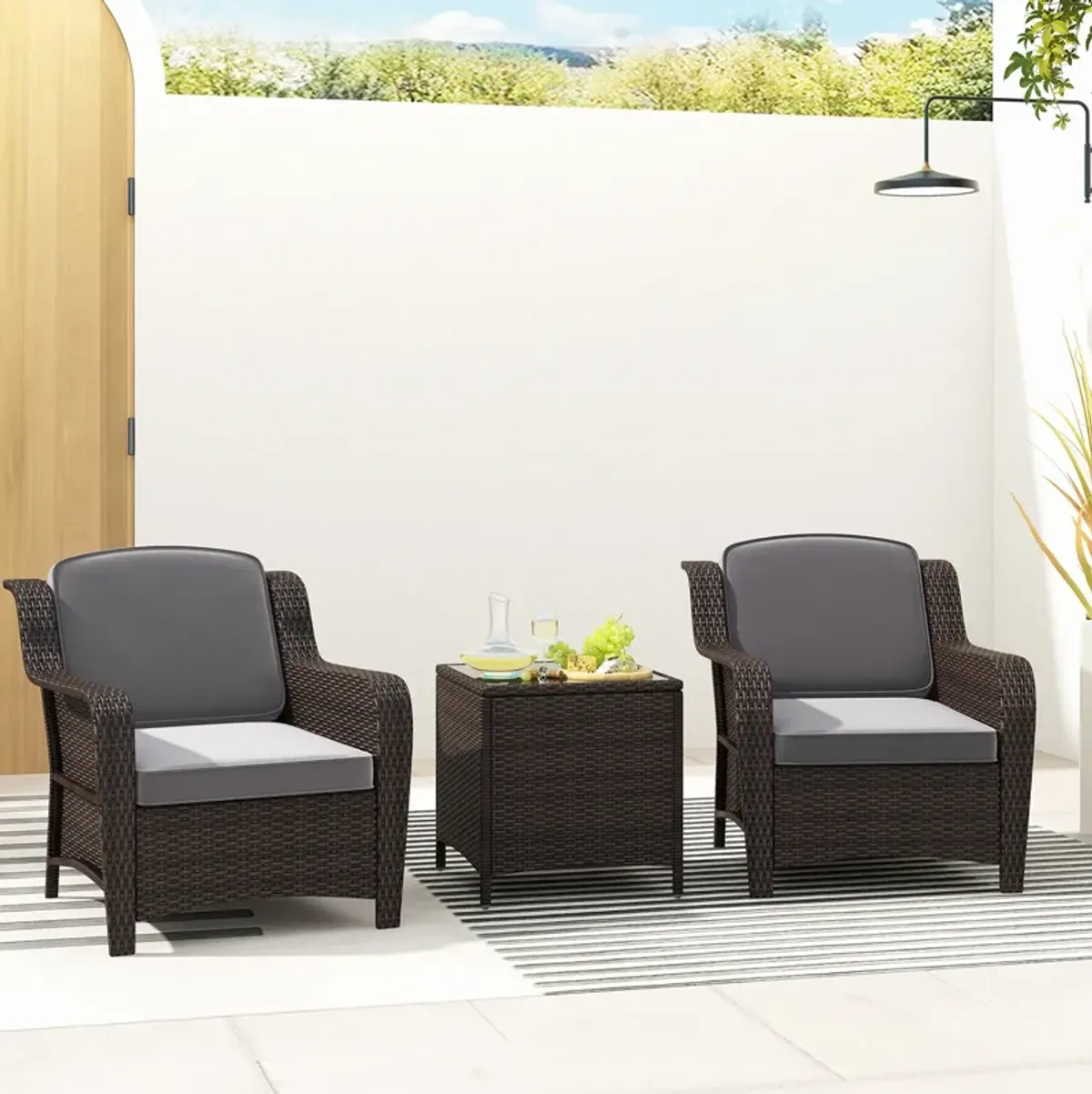 3 Pieces Outdoor Rattan Furniture Set with Cushions and Tempered Glass Coffee Table-Grey