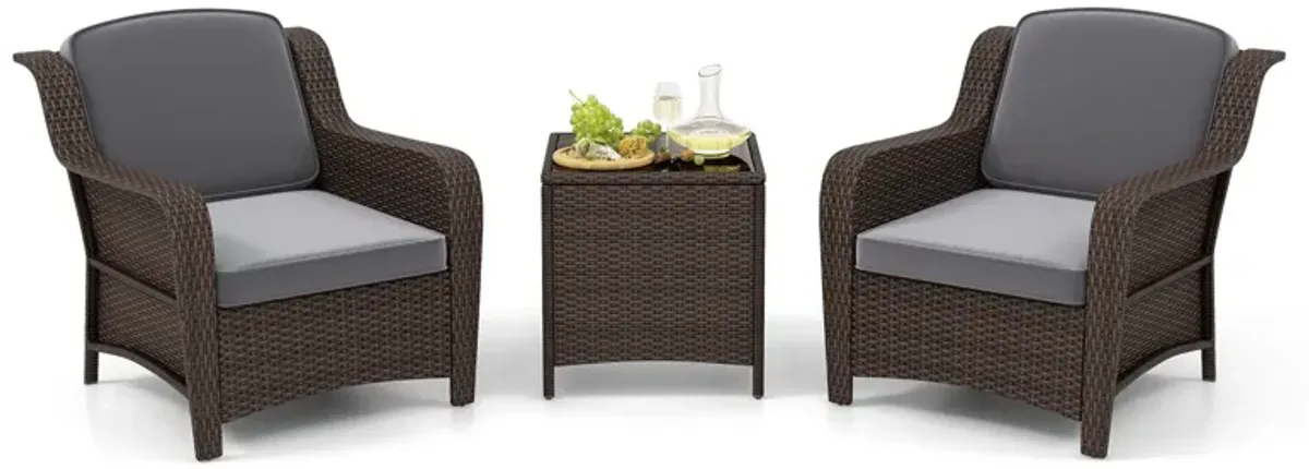 3 Pieces Outdoor Rattan Furniture Set with Cushions and Tempered Glass Coffee Table-Grey