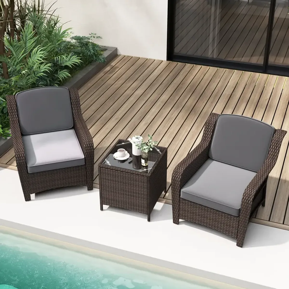 3 Pieces Outdoor Rattan Furniture Set with Cushions and Tempered Glass Coffee Table-Grey