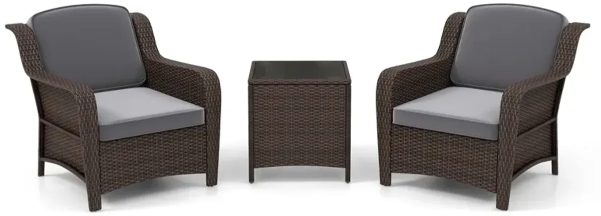 3 Pieces Outdoor Rattan Furniture Set with Cushions and Tempered Glass Coffee Table-Grey