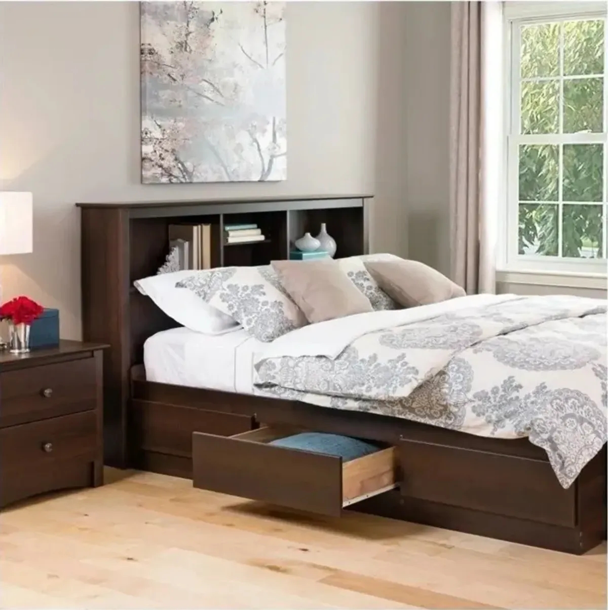 Hivvago Full/Queen size Bookcase Storage Headboard in Espresso Wood Finish