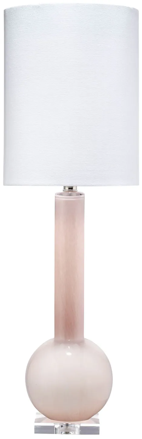 Studio Table Lamp, Leaf Green Glass With Tall Thin Drum Shade, Pink