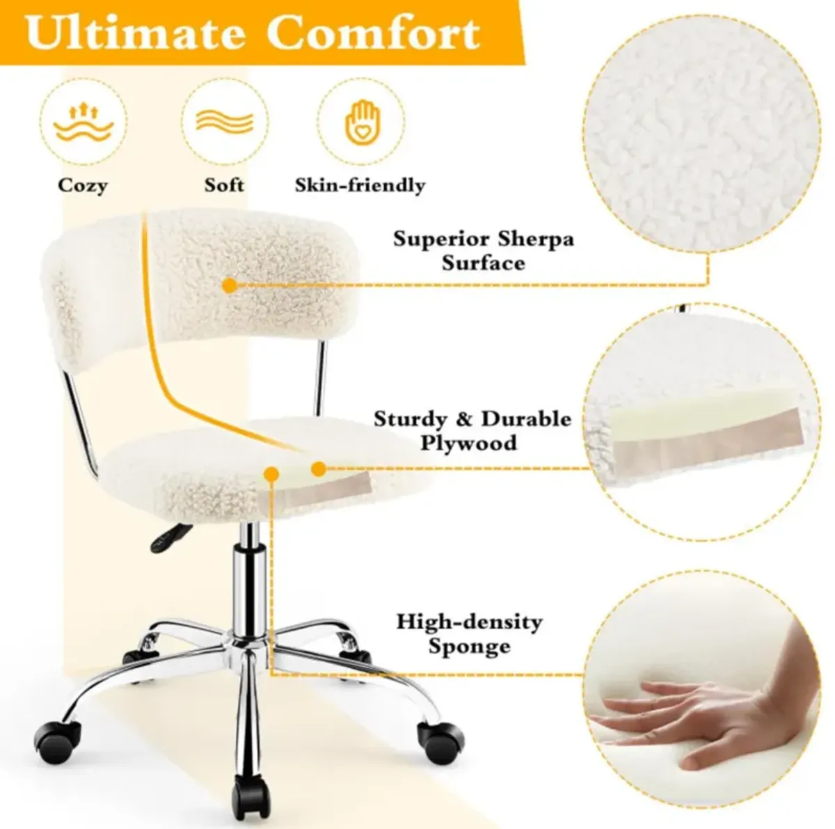 Hivvago Computer Desk Chair Adjustable Sherpa Office Chair Swivel Vanity Chair