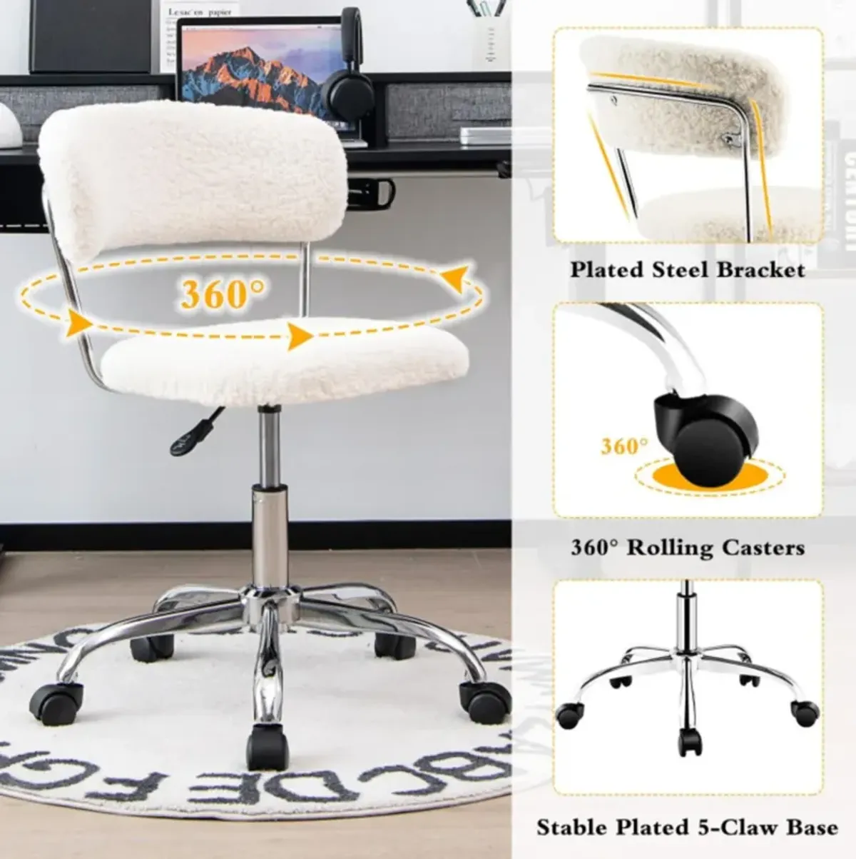 Hivvago Computer Desk Chair Adjustable Sherpa Office Chair Swivel Vanity Chair