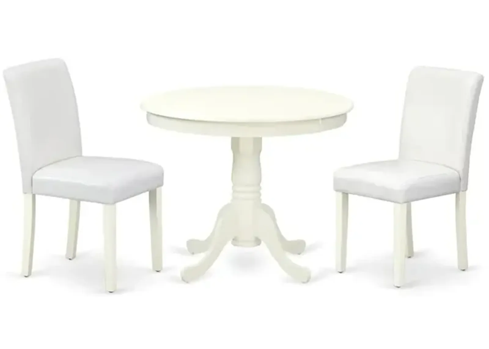 3 Piece Modern Dining Table Set Contains a Round Kitchen Table with Pedestal and 2 White Faux Leather Upholstered Chairs, 36x36 Inch, Linen White