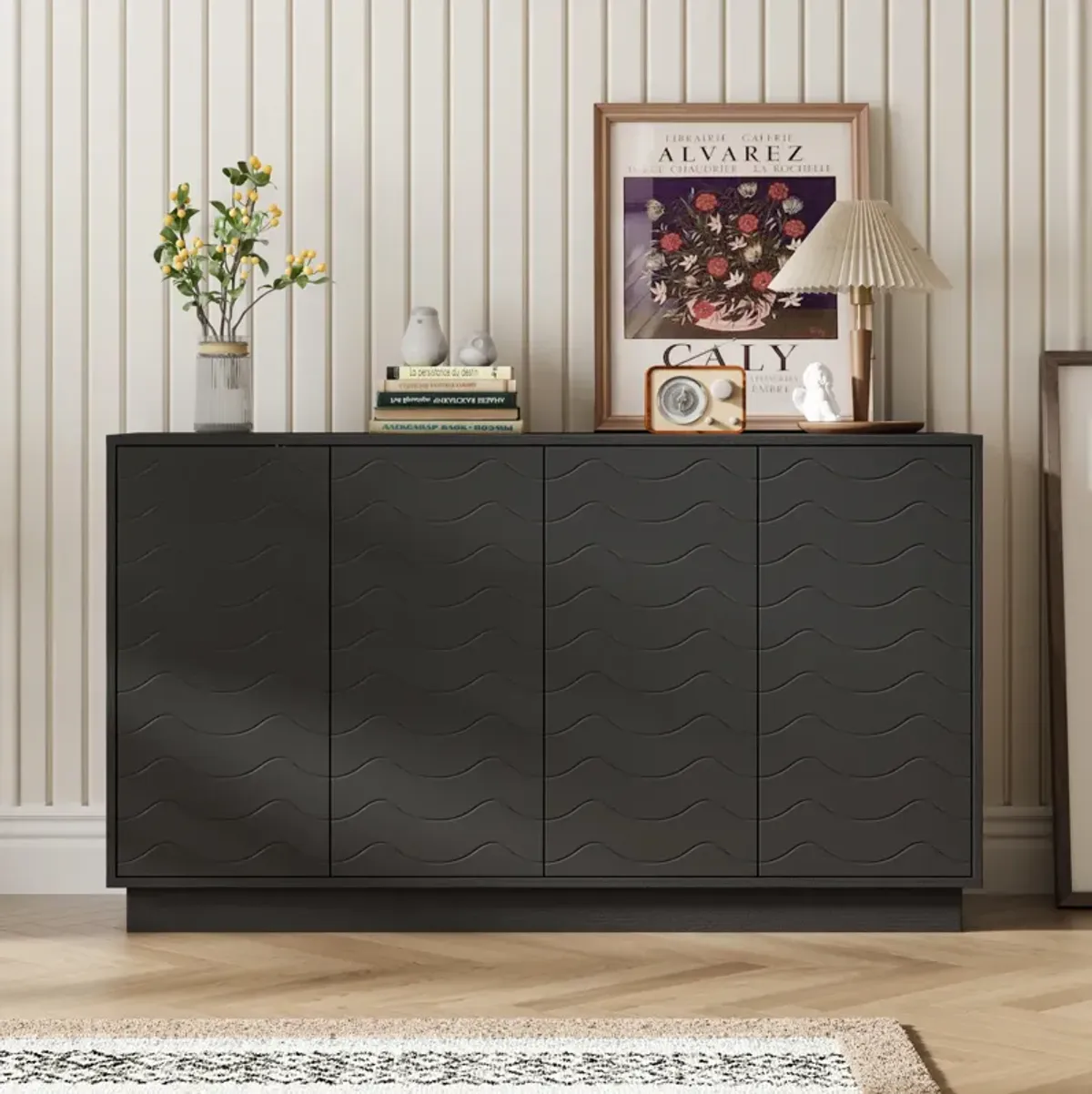 FUFU&GAGA Modern Black Sideboard Cabinet with 4 Doors, Adjustable Shelves, Engineered Wood (55.1" W x 15.7" D x 31.5" H), Black
